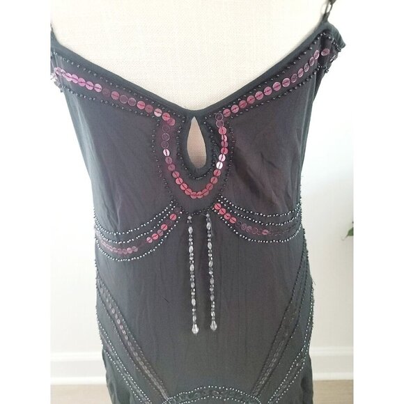 Sue Wong Vintage Black Pink Beaded Sequin Y2K 90s Silk Flapper V-Neck Dress 12 M - Picture 12 of 13